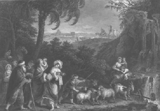 abraham  with shepherds and sheep  type of print  steel plate engraving